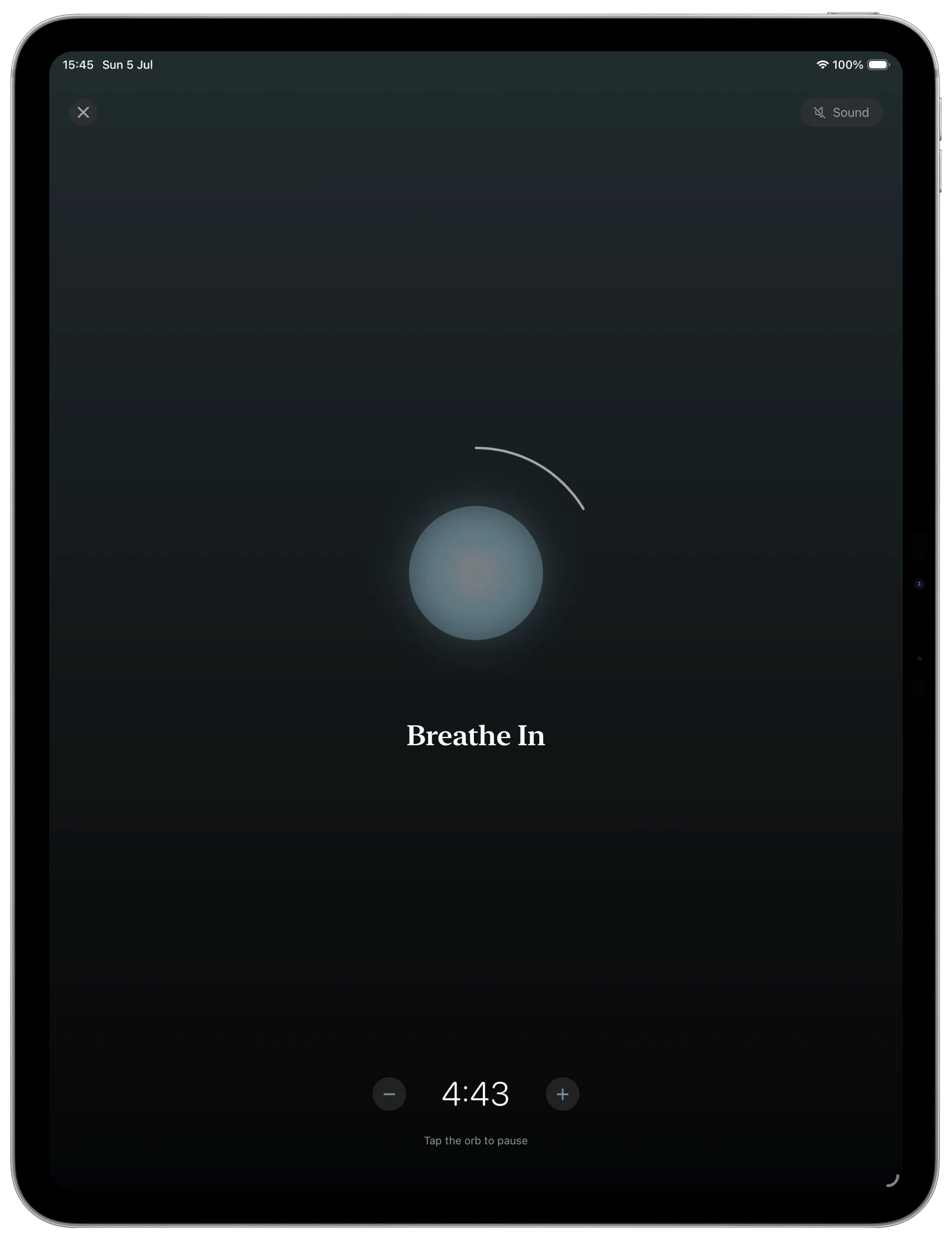 The breathing orb expanding on iPad, counting the inhale