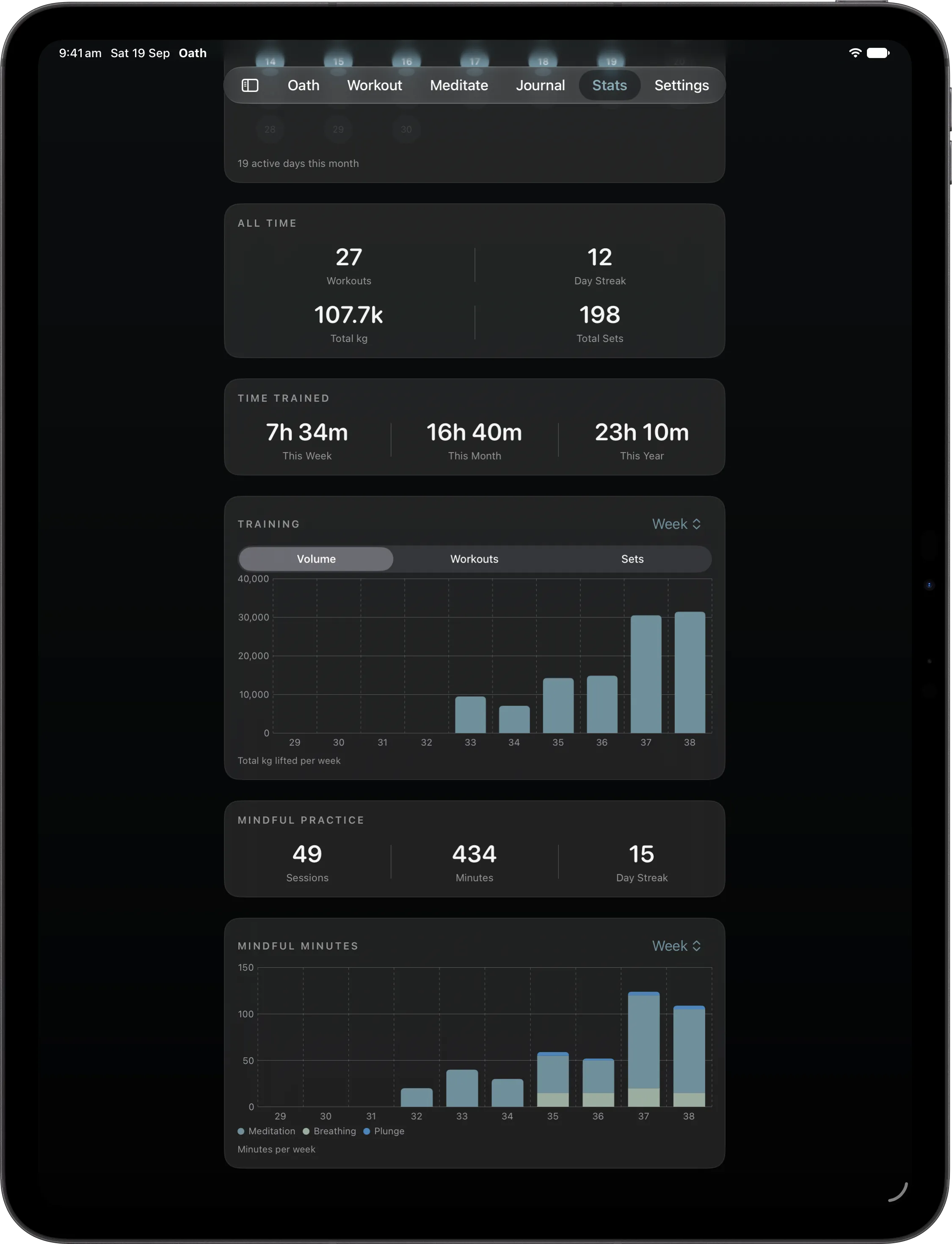 Training volume and mindful minutes charts on iPad