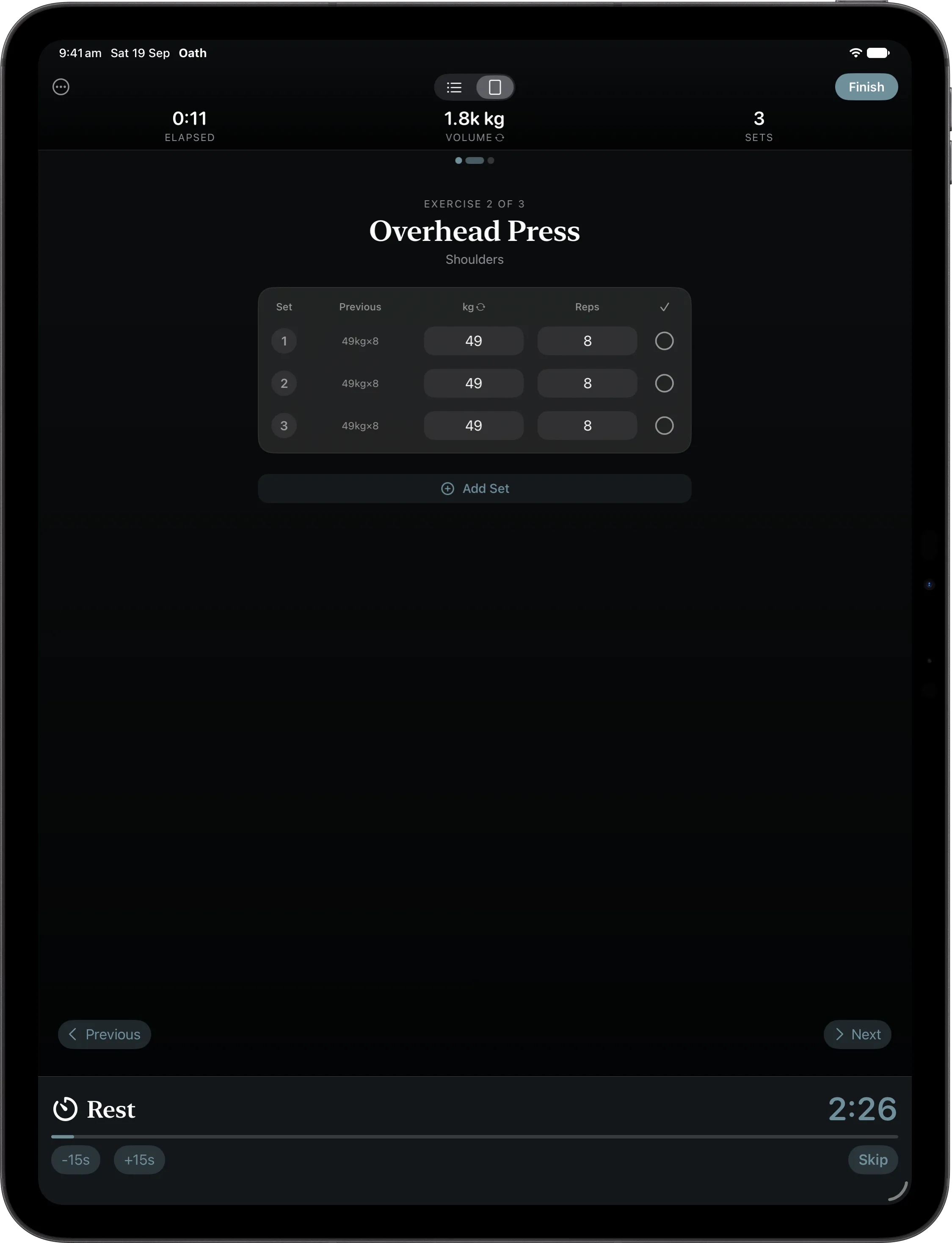 Focus mode on iPad during a workout