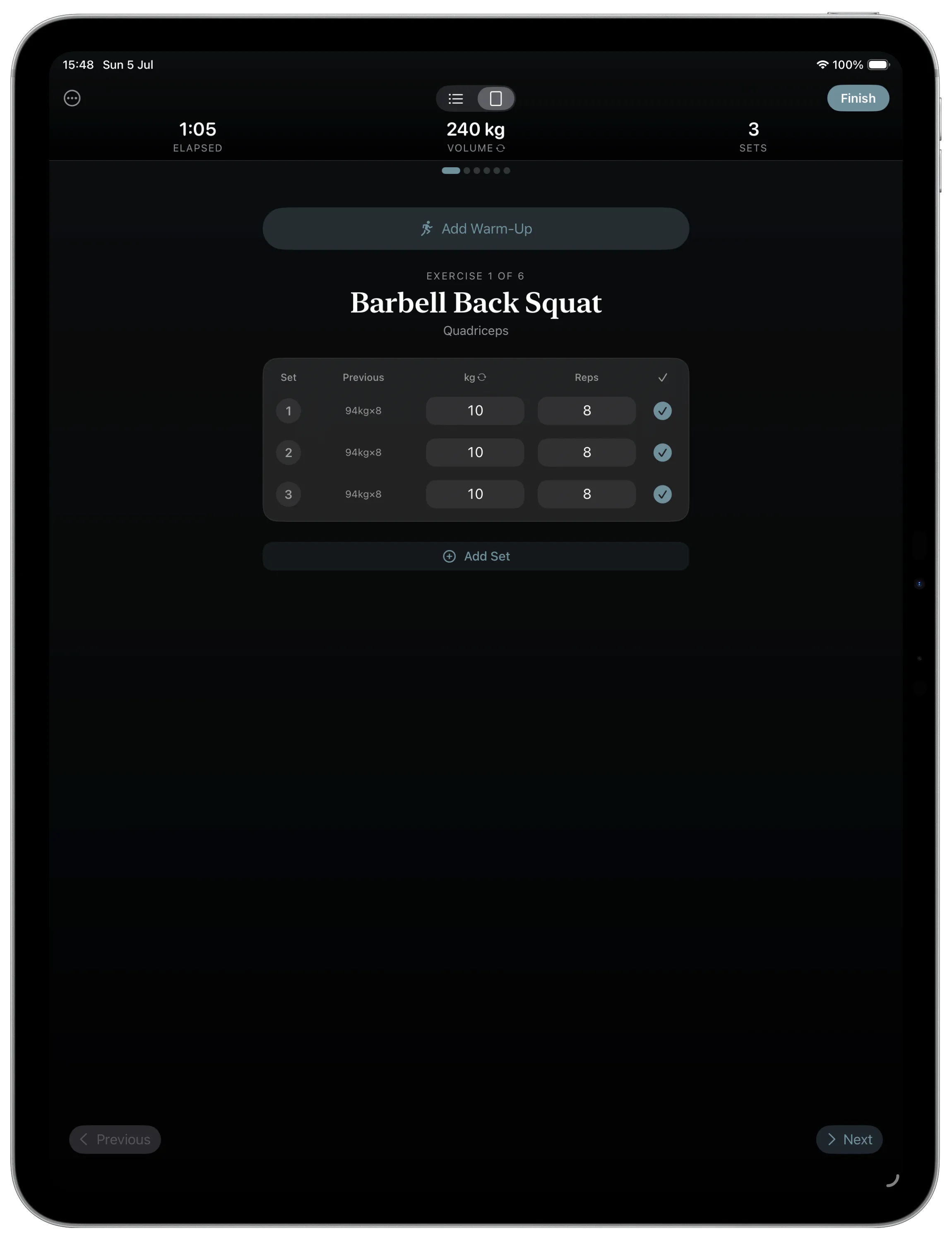 Focus mode on iPad during a workout