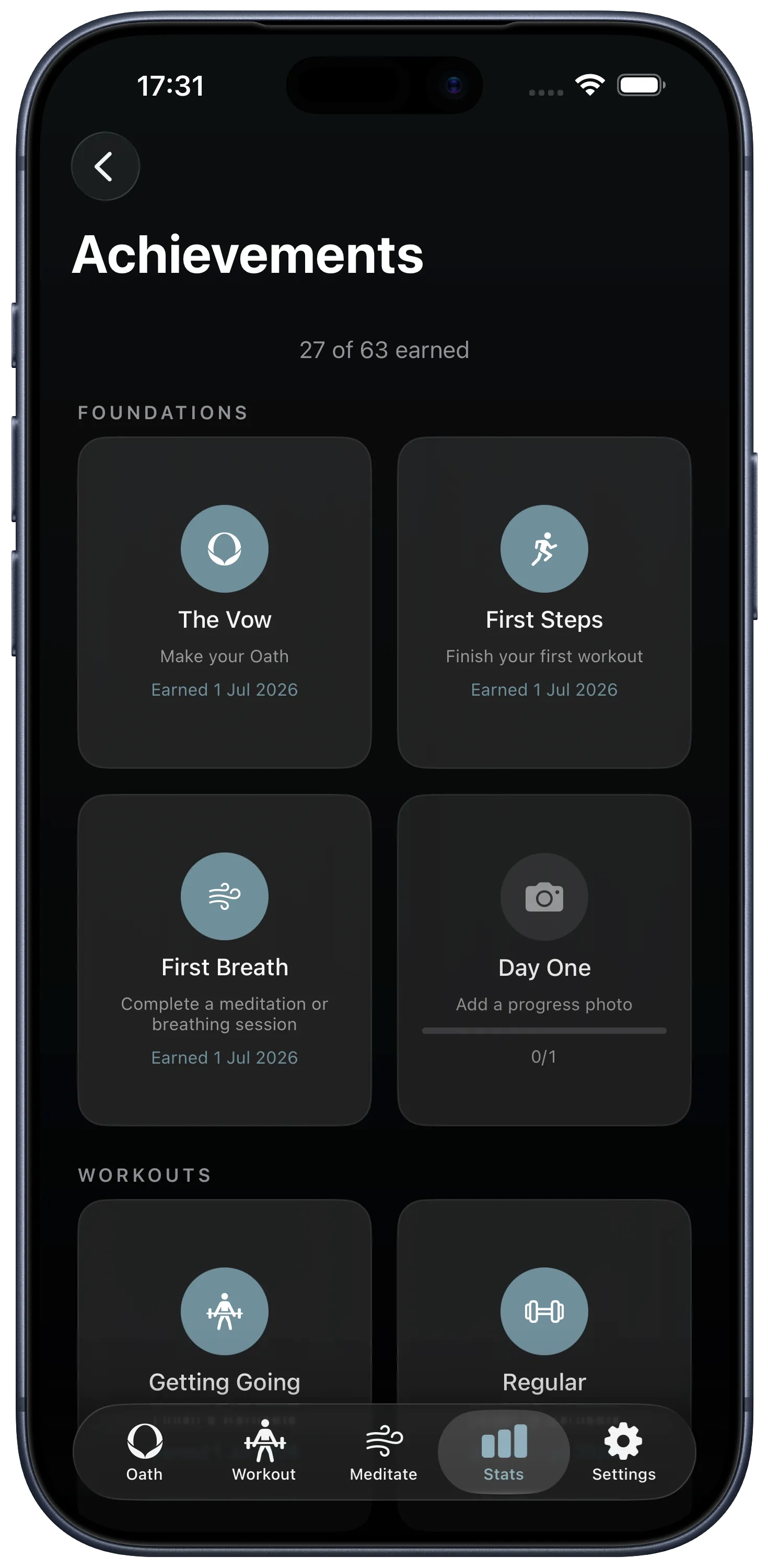 A grid of achievements on iPhone, 27 of 63 earned