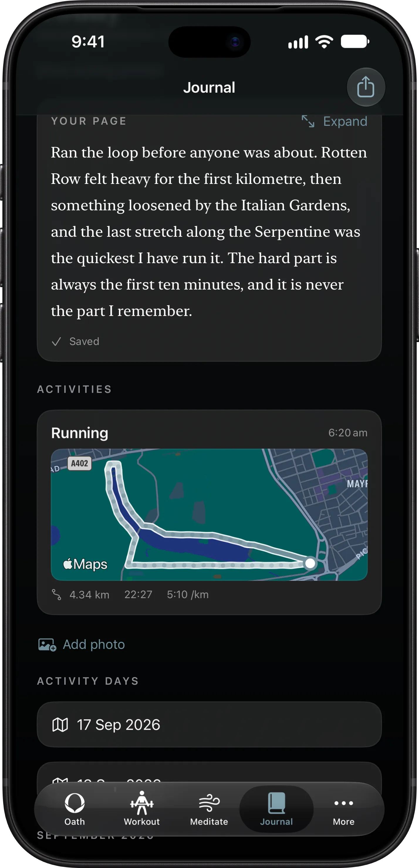 A journal page on iPhone, with this morning's run and its map beneath the writing