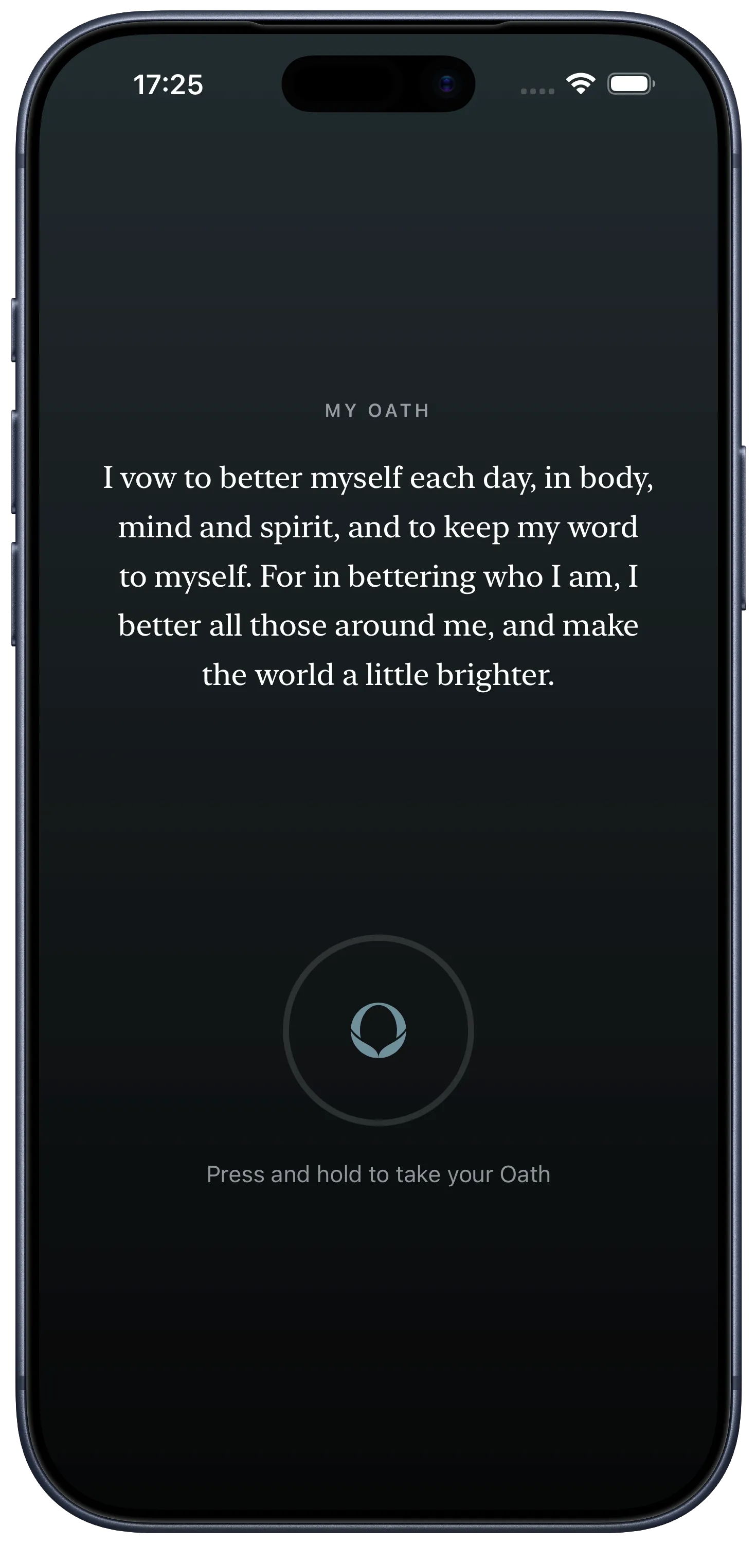 The Oath screen on iPhone: a written vow above a press-and-hold ring