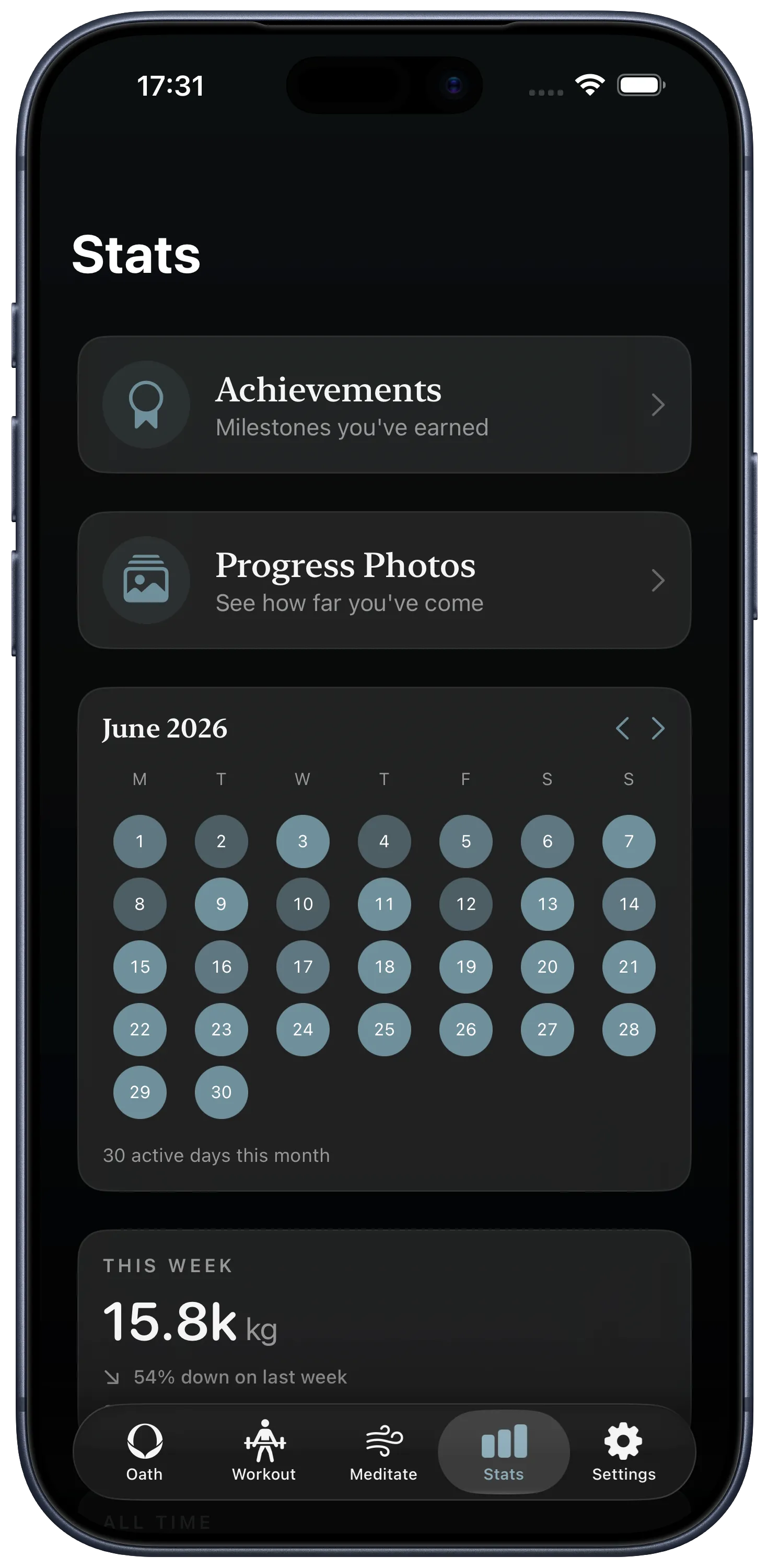 A calendar of active days on iPhone, most days marked