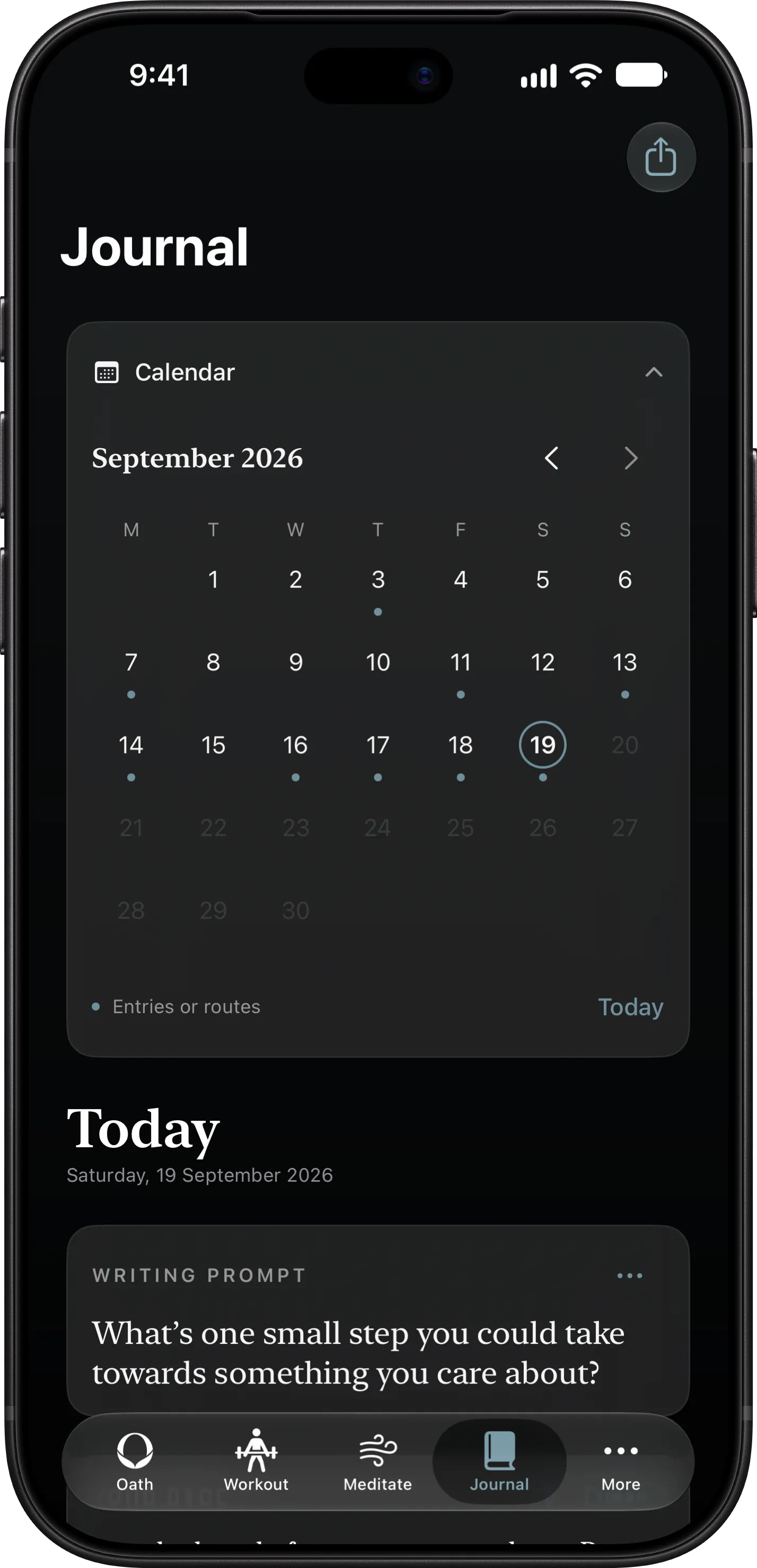 Stats on iPhone: this week and a calendar of active days, most days marked