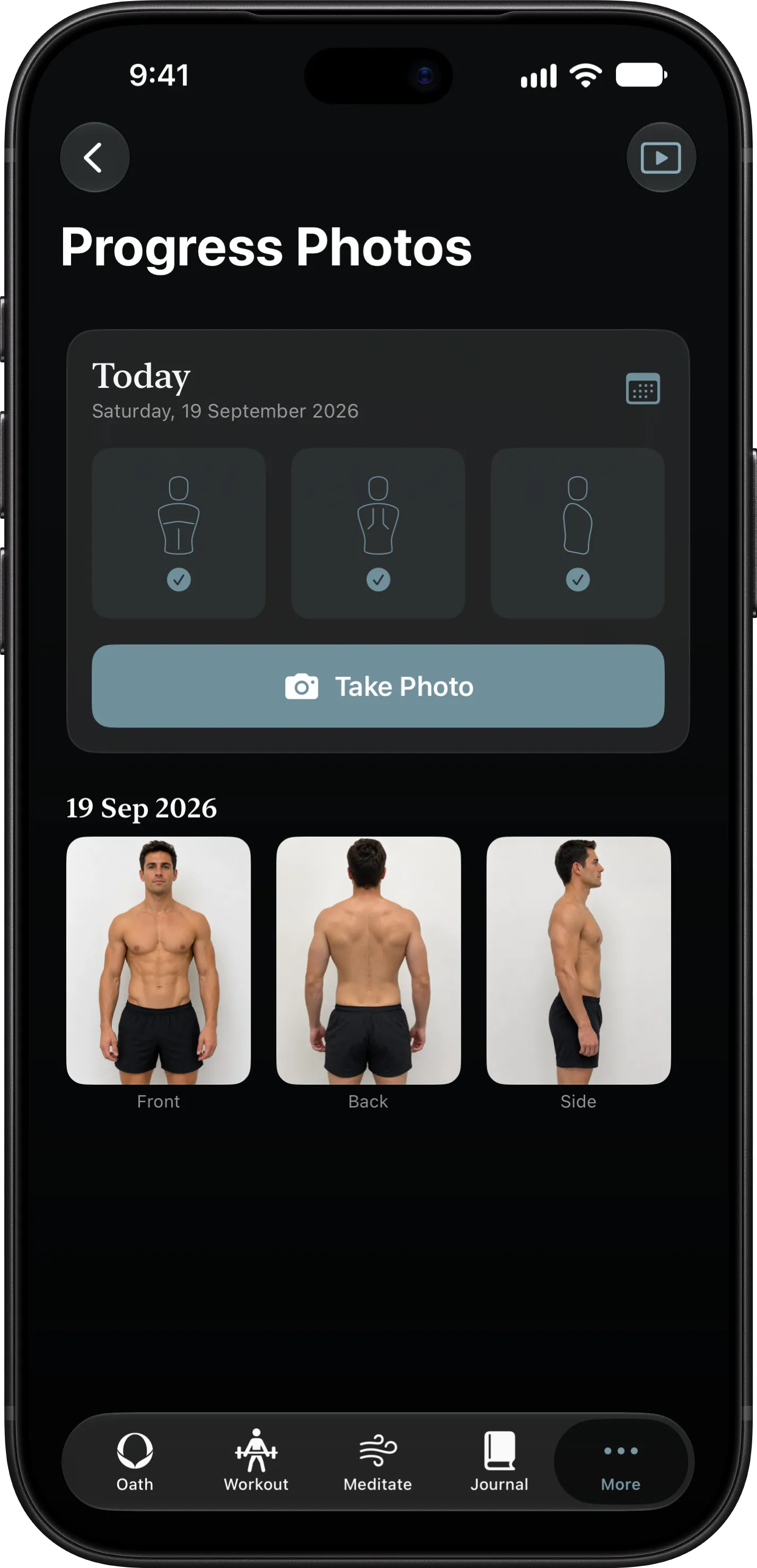 Today's front, back and side progress photos on iPhone
