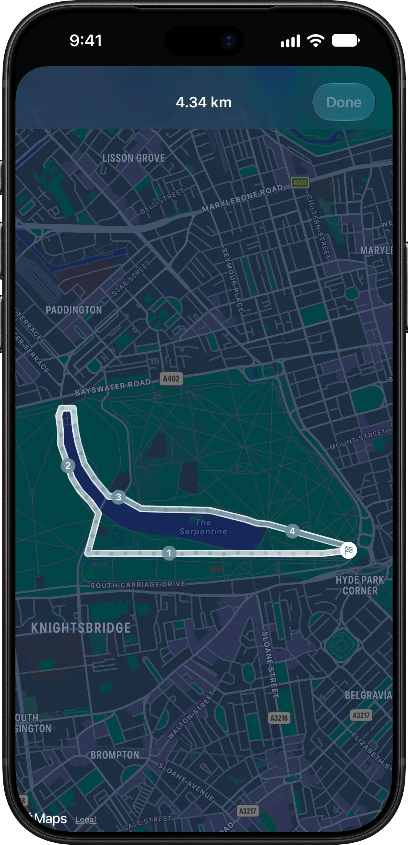 A 4.34 km run around Hyde Park and the Serpentine on iPhone, with kilometre markers