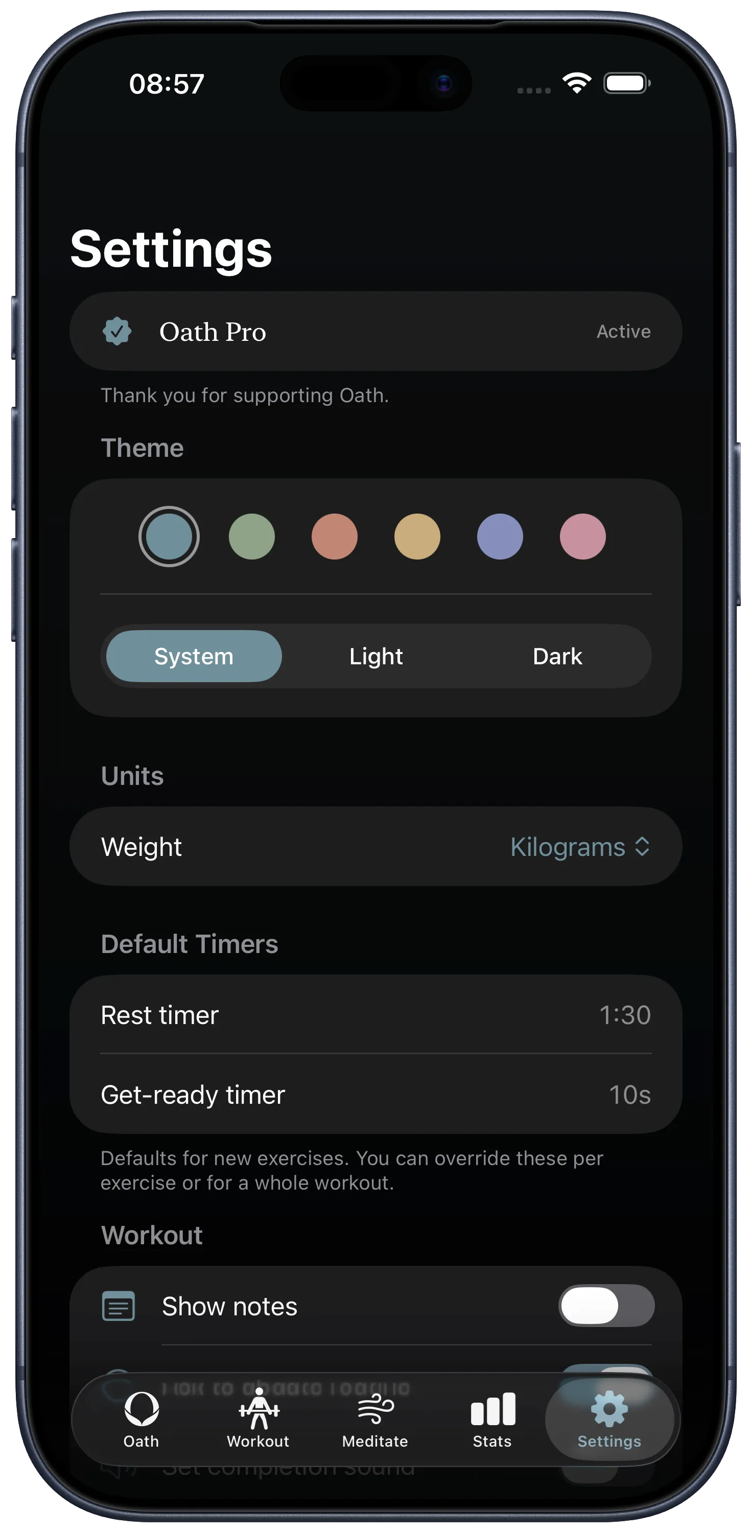 Oath settings on iPhone with calm theme colours