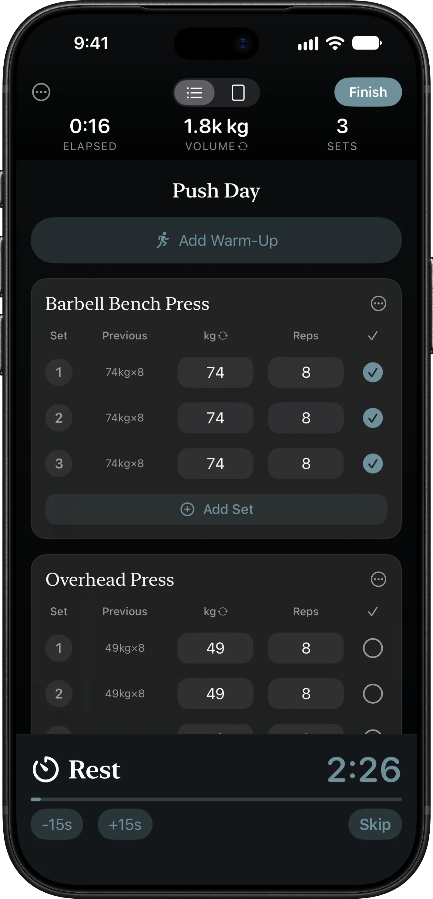 A workout in progress on iPhone, with three sets done and the rest timer running