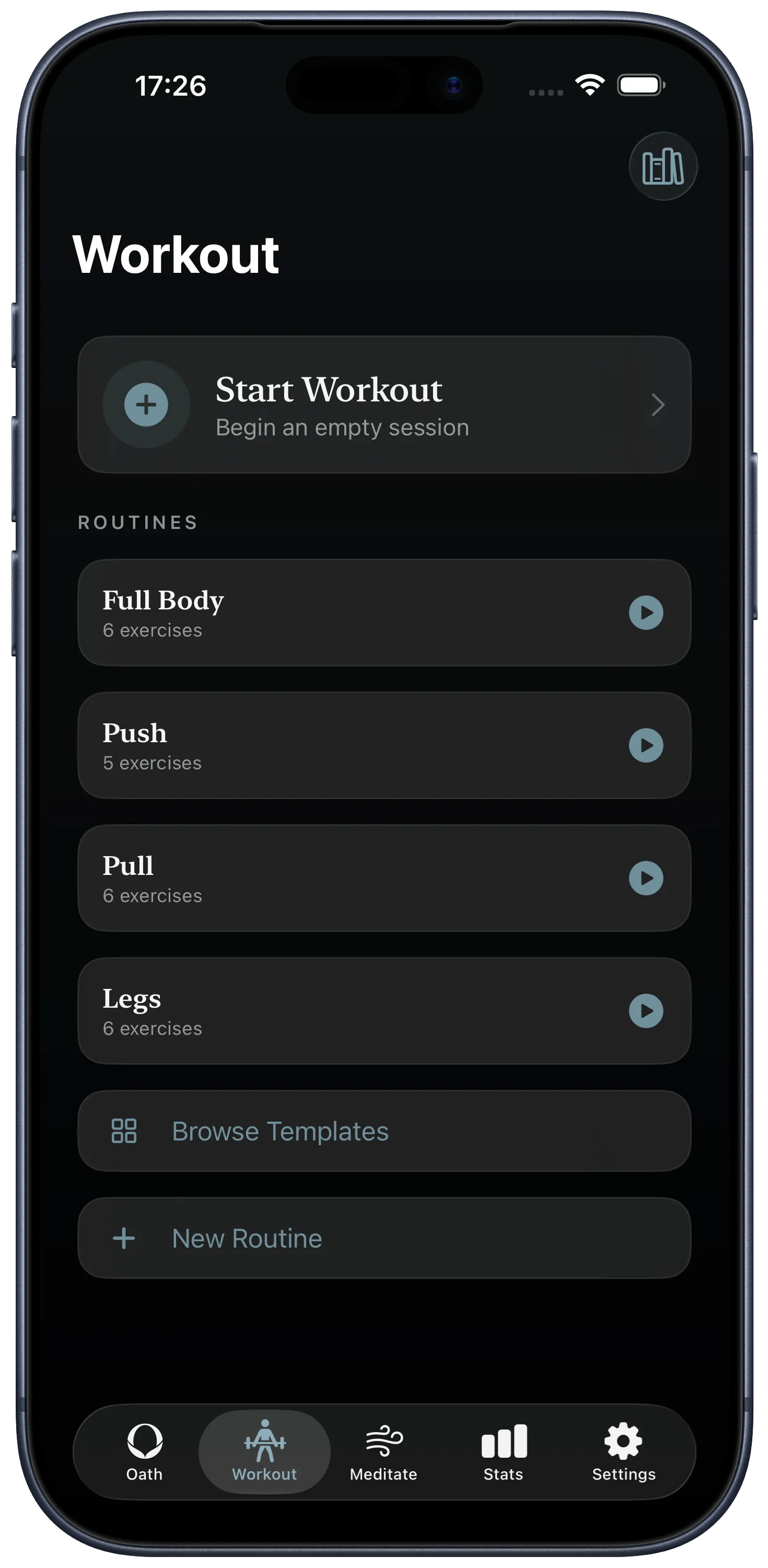 The Workout tab on iPhone, with reusable routines ready to start