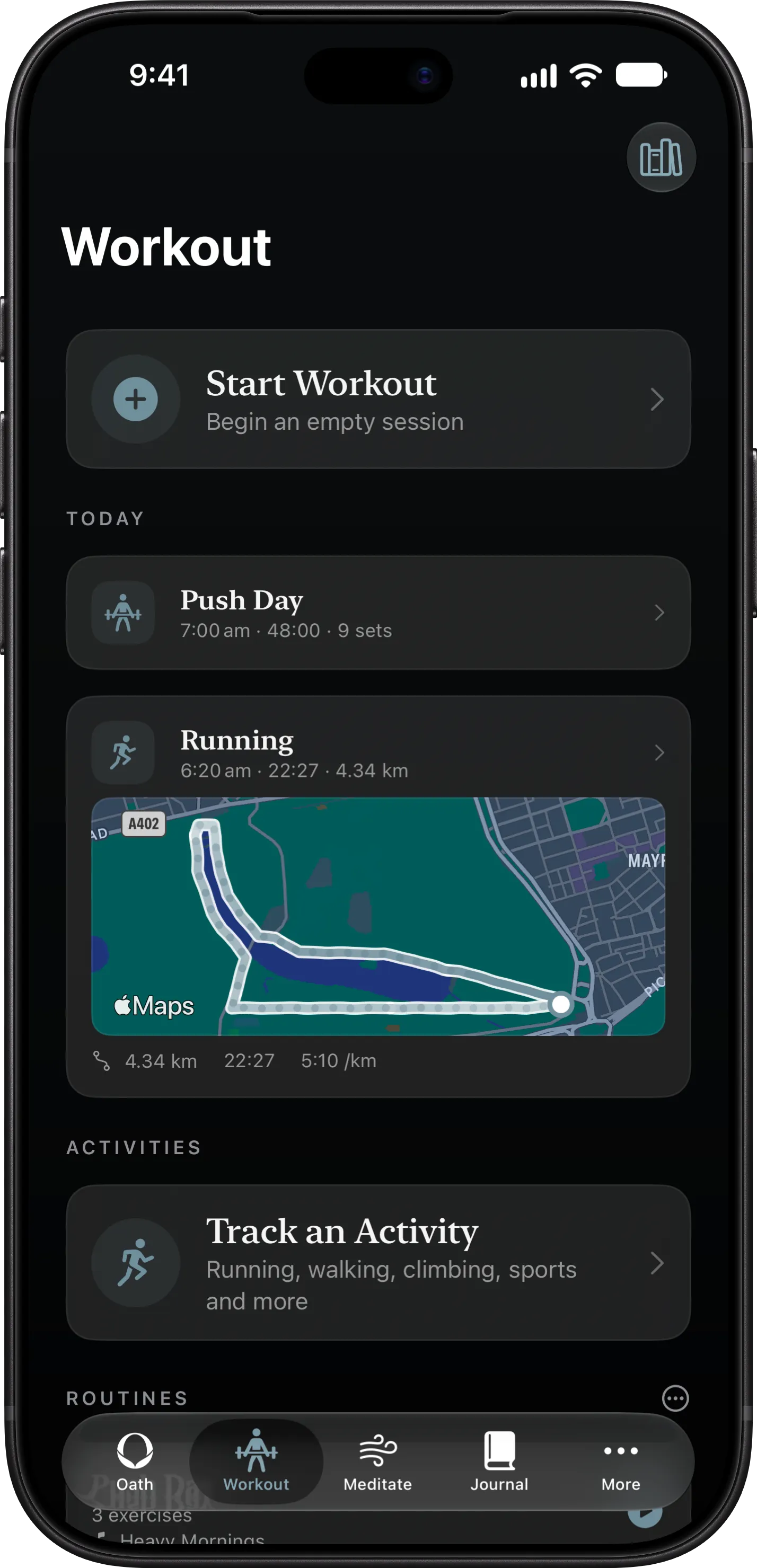 The Workout tab on iPhone: today's Push Day and a morning run with its map