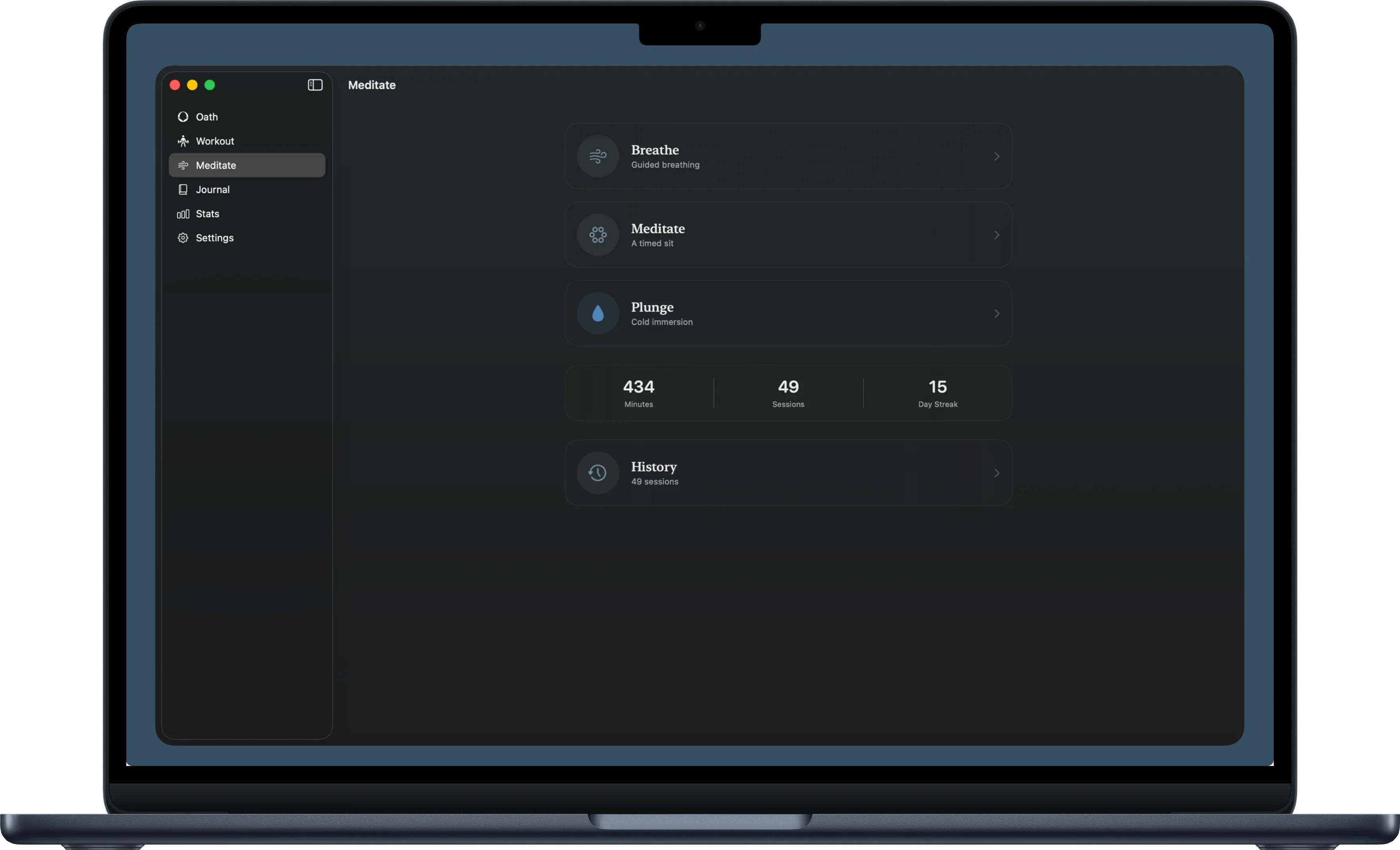 The Meditate hub on Mac with Breathe, Meditate and Plunge cards