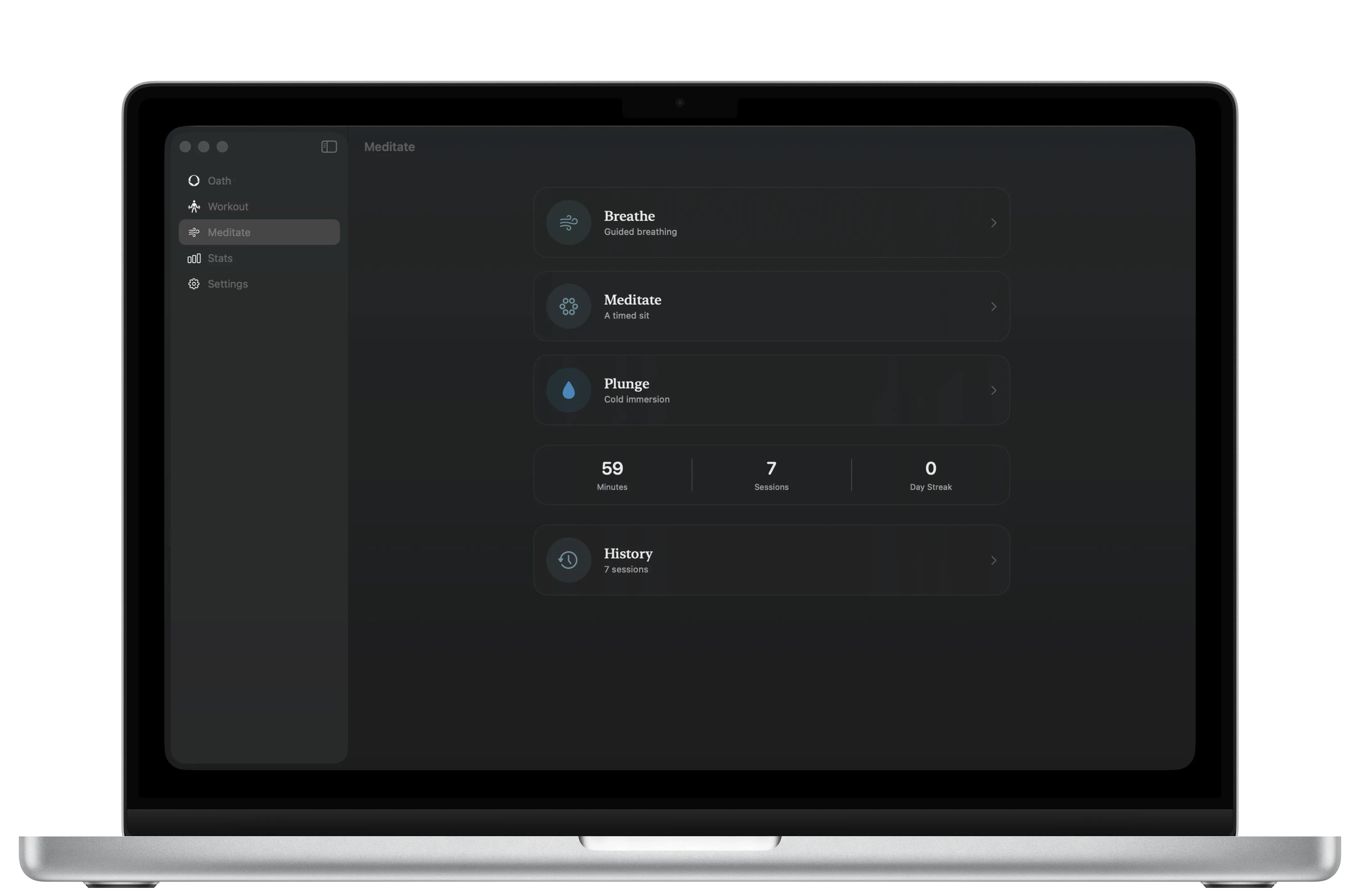 The Meditate hub on Mac with Breathe, Meditate and Plunge cards