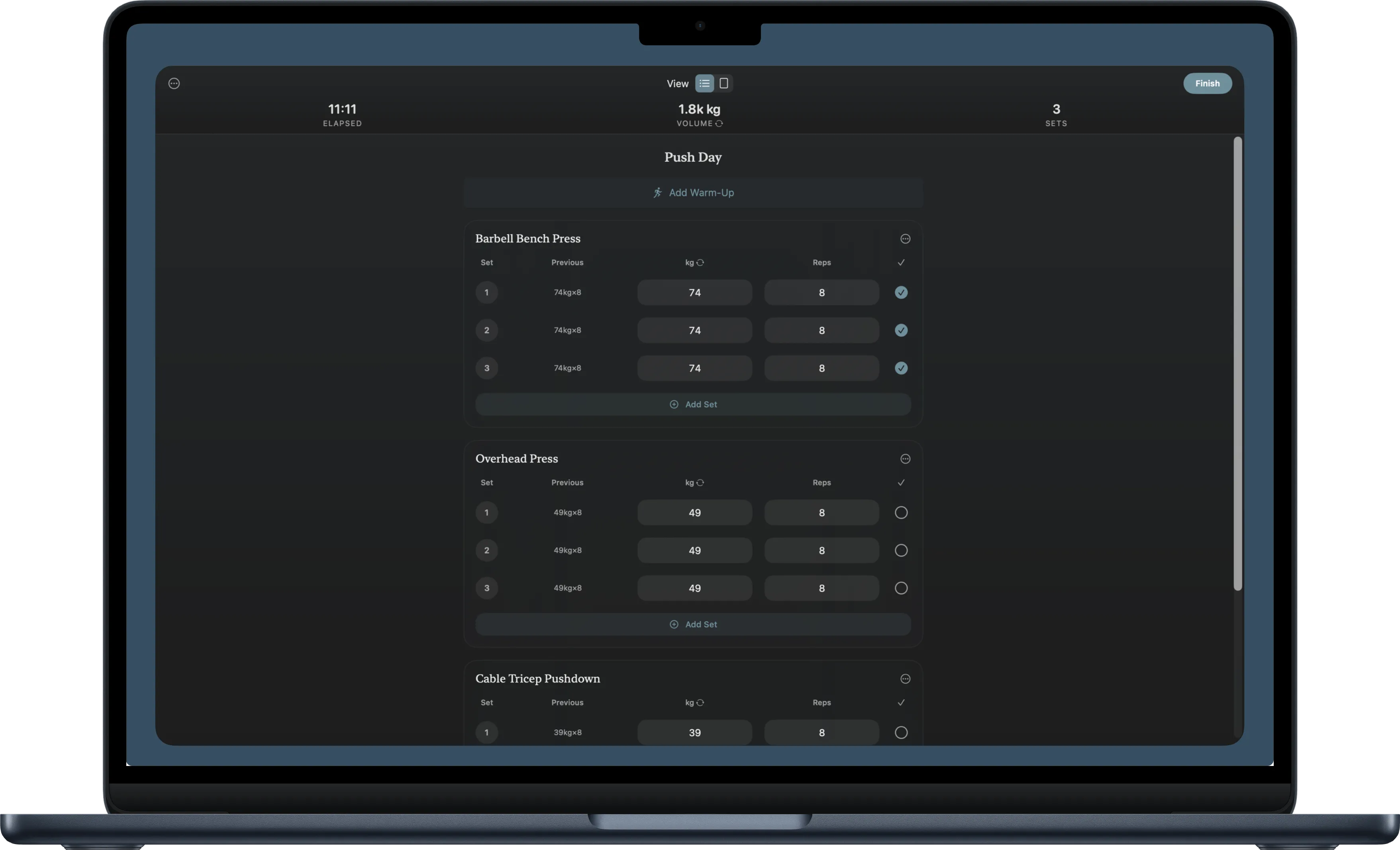 A workout in progress on Mac, with completed sets and volume