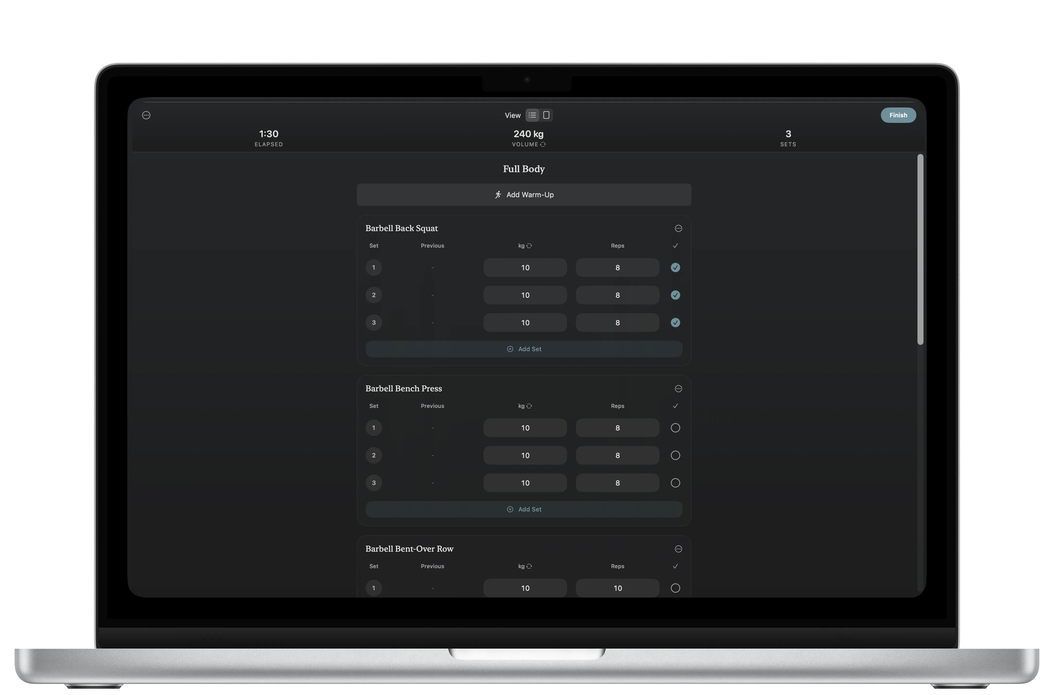 A workout in progress on Mac, with completed sets and volume